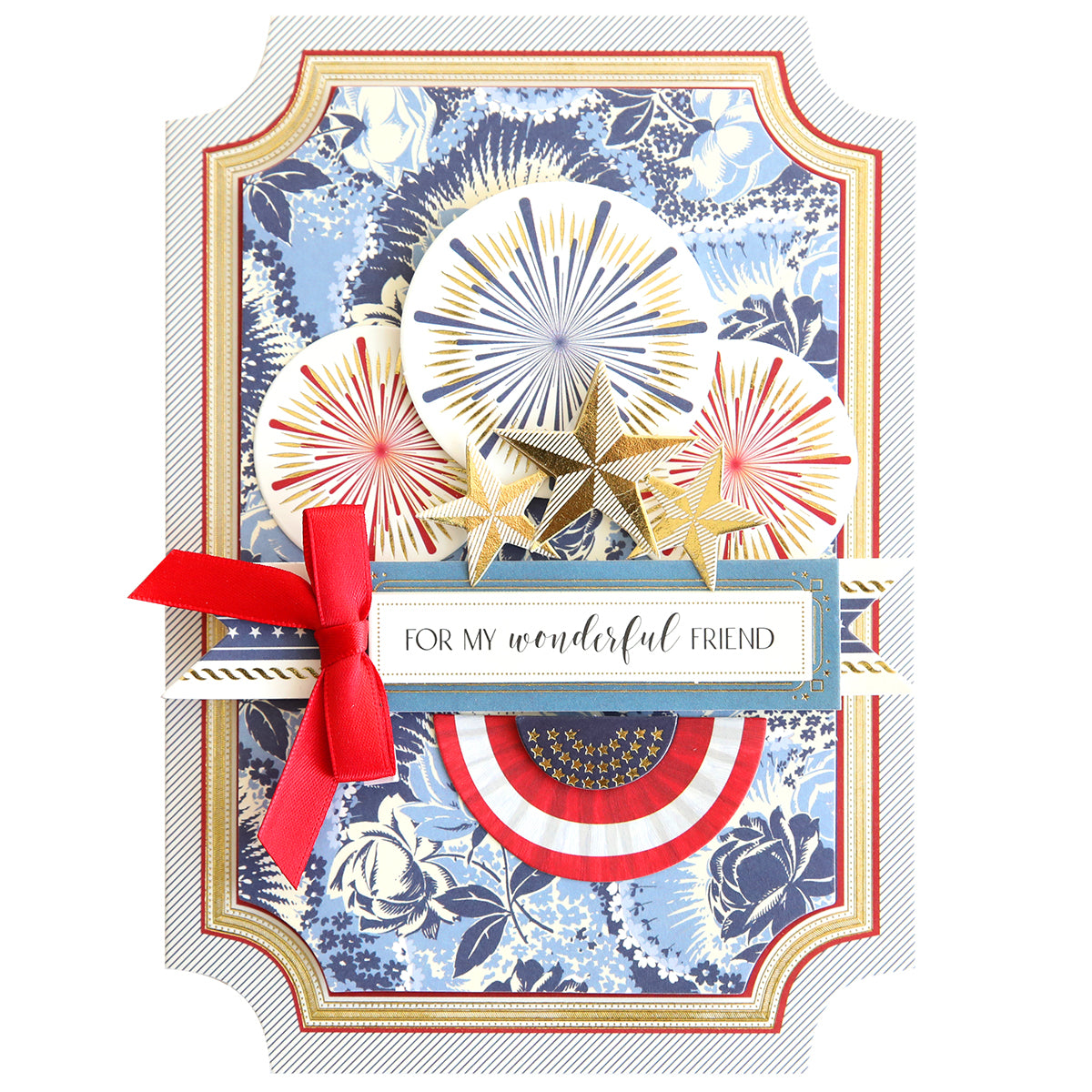 The Simply Celebration Chest Card Making Kit includes a decorative card with fireworks and stars, a red ribbon, 3D embellishments on a floral and patriotic background, plus a "For my wonderful friend" label—ideal for dimensional card enthusiasts.