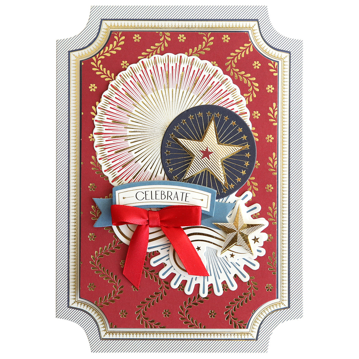 The Simply Celebration Chest Card Making Kit includes a decorative card with gold and white fireworks, stars, a red ribbon, and "Celebrate" on a red and gold background—ideal for making stunning dimensional cards.