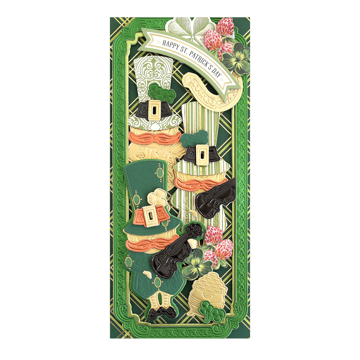 A slimline leprechaun card with shamrocks.