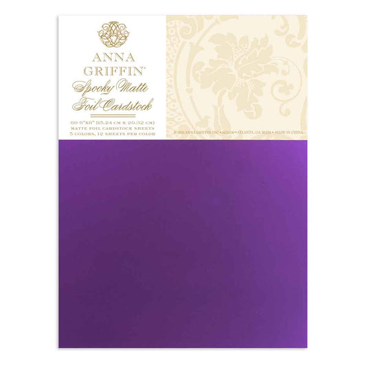 Package of Spooky Matte Foil Cardstock sheets in purple and cream with decorative die-cut label detailing specifications.
