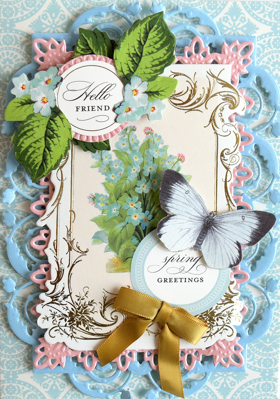 Springtime Cards and Envelopes feature an ornate pink and blue background with elegant flower, leaf, butterfly, and gold bow designs—ideal for card making enthusiasts. The text “Hello Friend” and “spring GREETINGS” appear on the front, reminiscent of beautiful foil-stamped cards.