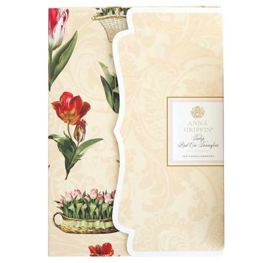 A notebook embellished with Tulip Rub On Transfers of tulips and flowers, ideal for crafting.