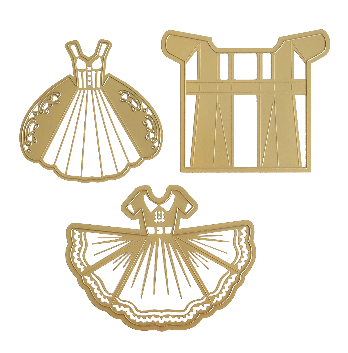 The Fanmail Friday Lian Paper Dress Bundle features three gold-tone metal dress dies, including a Korean hanbok top, displayed on white—ideal for embellishing your next cardstock creation.