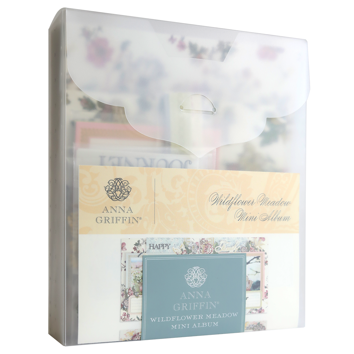 A translucent plastic envelope contains the Simply Wildflower Meadow Mini Album and Materials, featuring floral designs and decorative embellishments visible through the packaging.