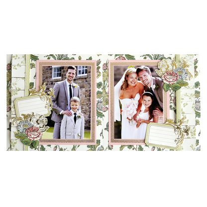 A Wildflower Meadow Mini Album layout featuring two photos of a family at a wedding, with decorative floral patterns and journaling tags for personal notes.