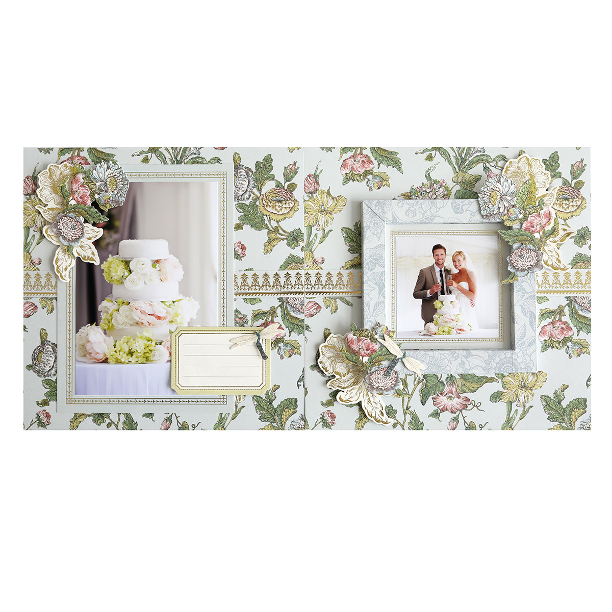A collage-style Wildflower Meadow Mini Album wedding scrapbook page featuring floral patterns, a picture of a couple, embellishments like a wedding cake, frame cutouts, and journaling tags.