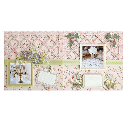 Wildflower Meadow Mini Album with floral patterns, photo frames, embellishments, and journaling tags on a pink lattice background.