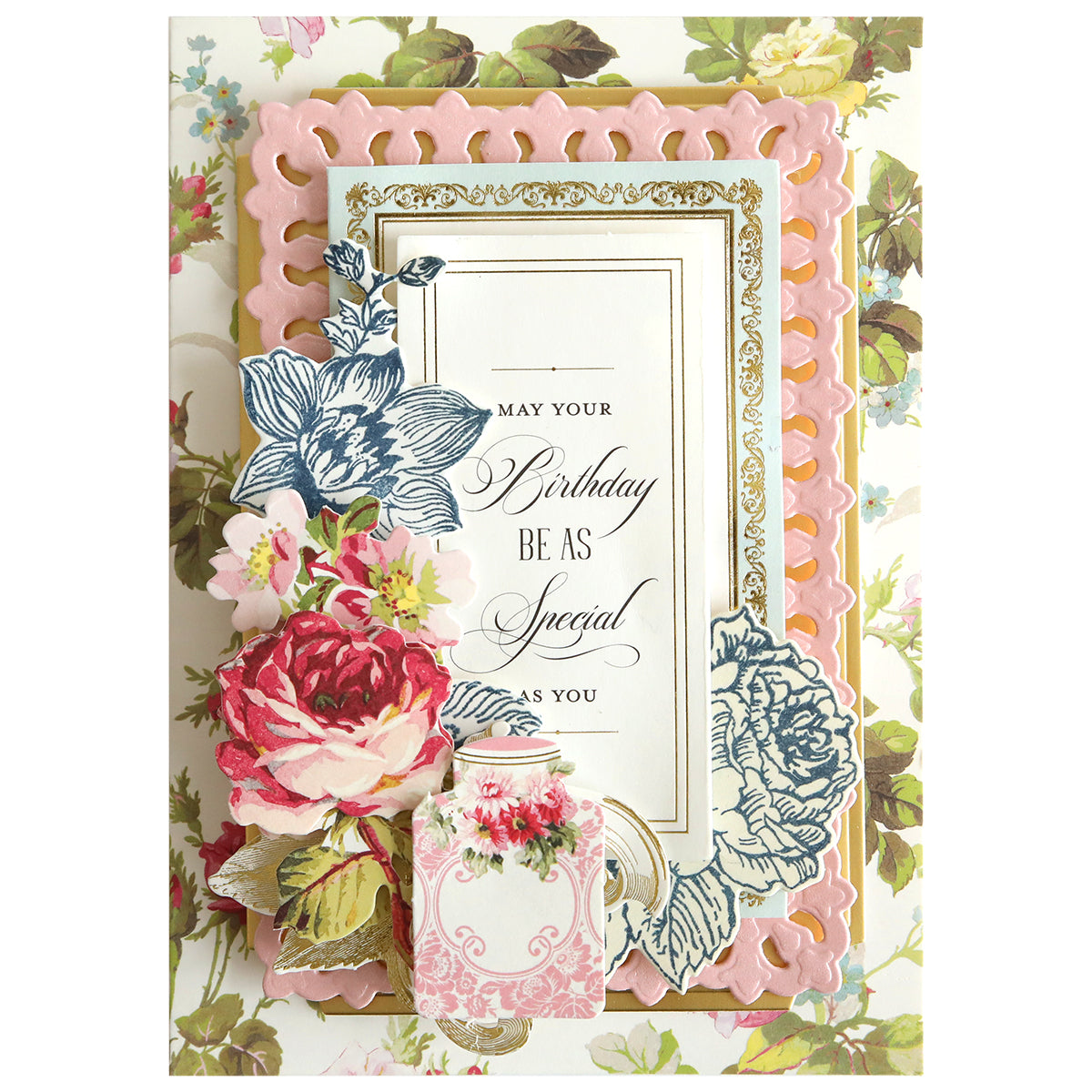 A decorative birthday card embellished with Wildflower Meadow Stamps and Dies and the message "may your birthday be as special.