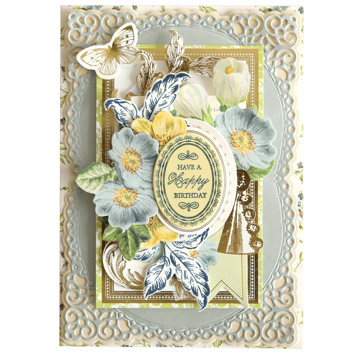 Handcrafted birthday card with Wildflower Meadow Stamps and Dies embellishments and butterfly motifs and a "have a happy birthday" greeting.