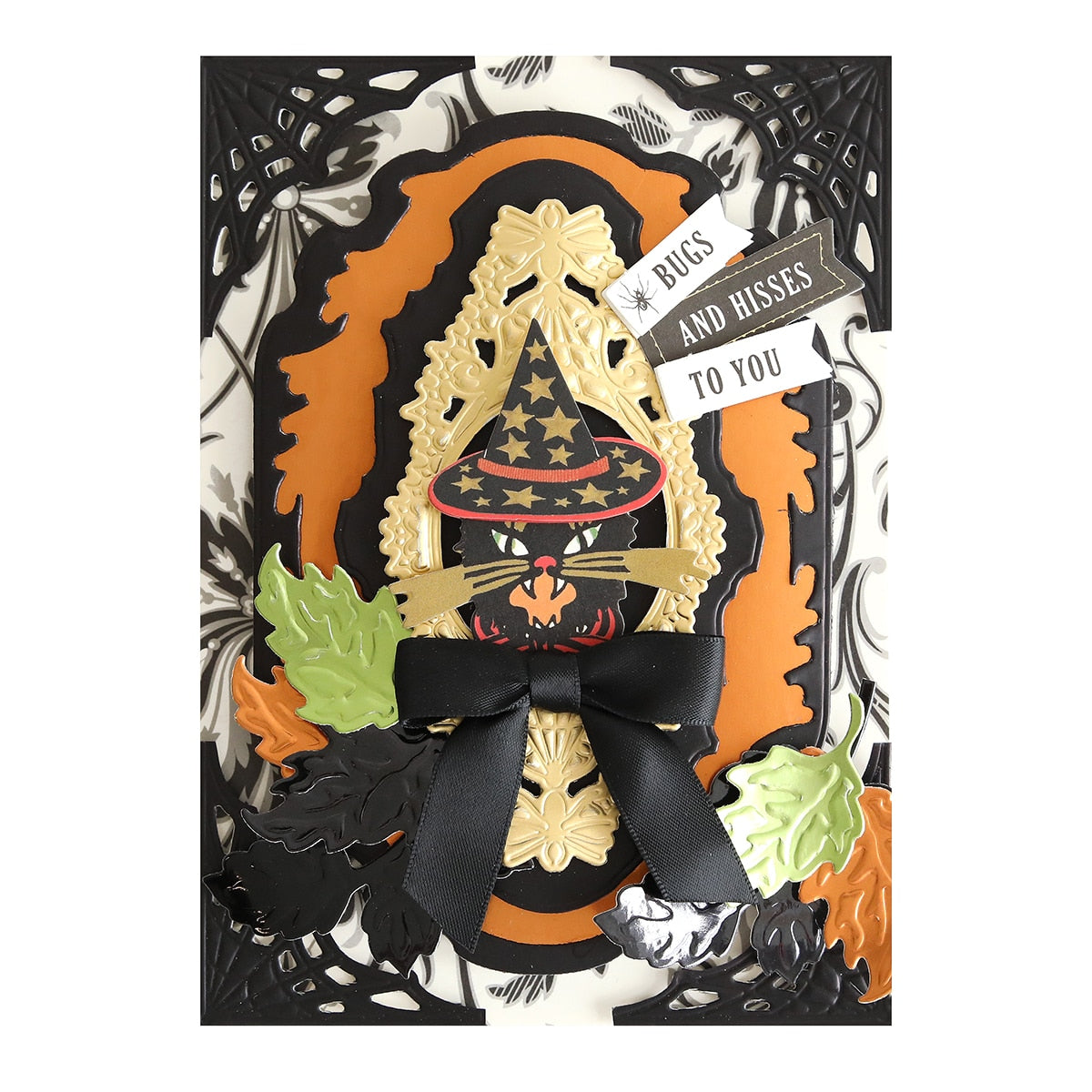 A black and orange halloween card with a bow and leaves.