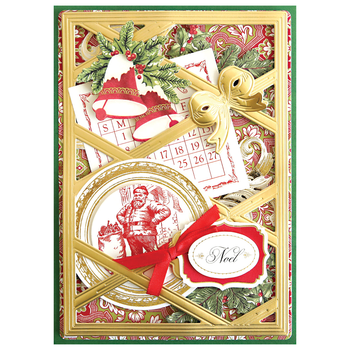 A festive Christmas card created with Harlequin Bow Dies, featuring gold, red, and green accents, Santa Claus, bells, holly, a calendar, and a "Noel" label on a harlequin ribbon background.
