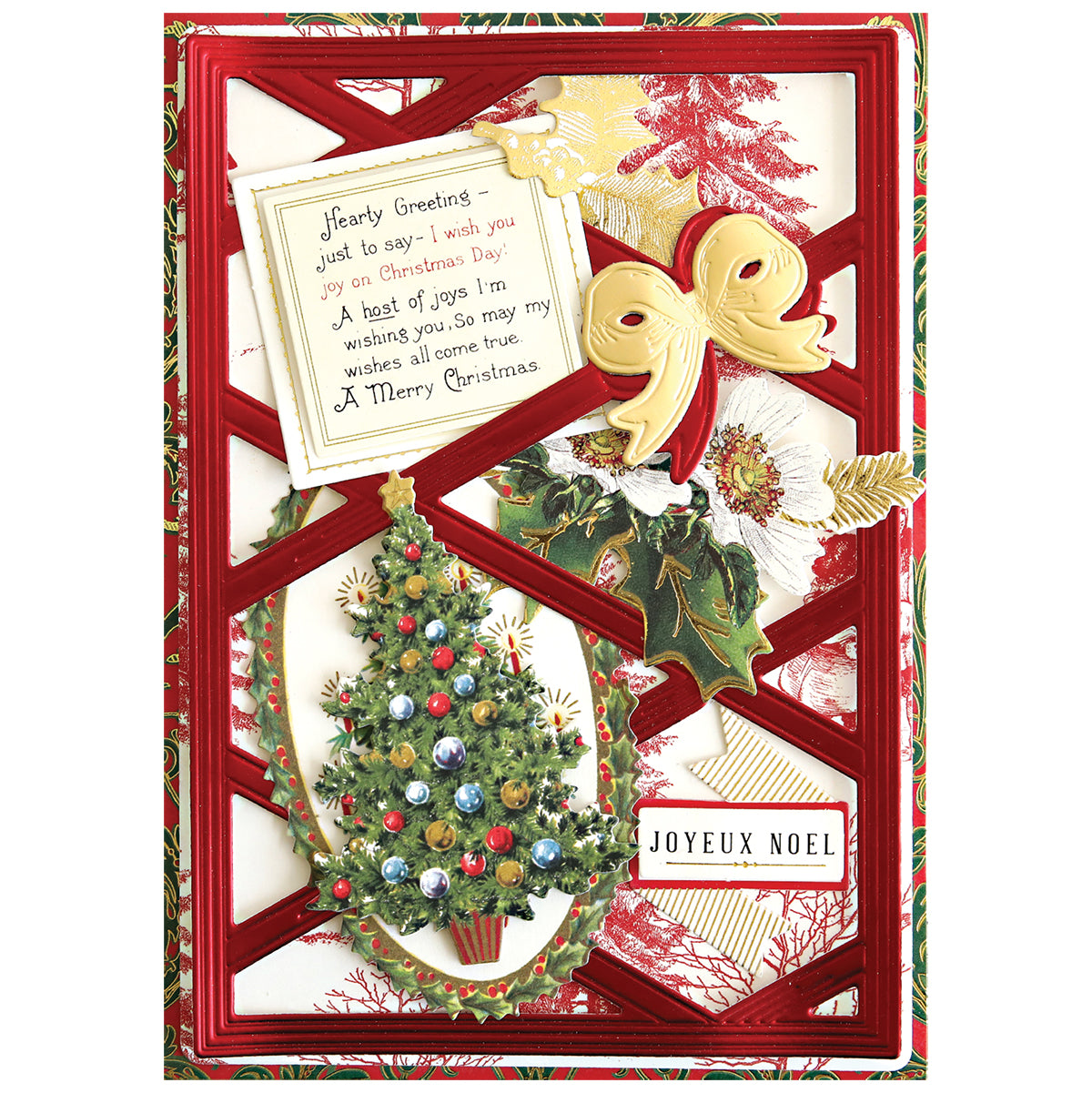 Send festive cheer with a decorative Christmas card made using Harlequin Bow Dies, featuring a jeweled tree, gold bow, holly, and "Joyeux Noel" greeting on a red and white harlequin ribbon background.
