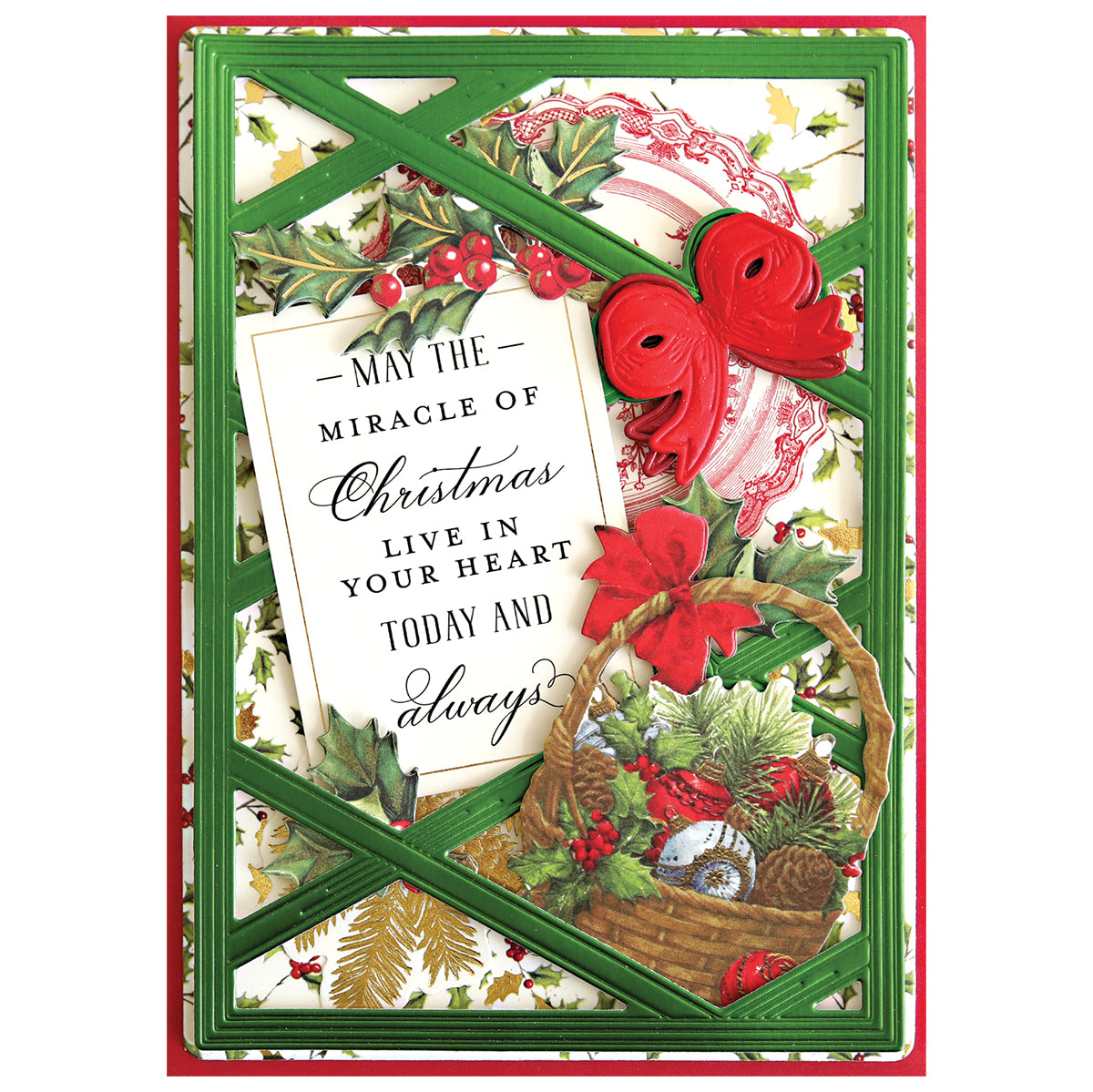 Send festive cheer with a Christmas card featuring harlequin bow dies, red ornaments, poinsettia, a holiday foliage basket, and a heartfelt message wishing the miracle of Christmas in your heart.