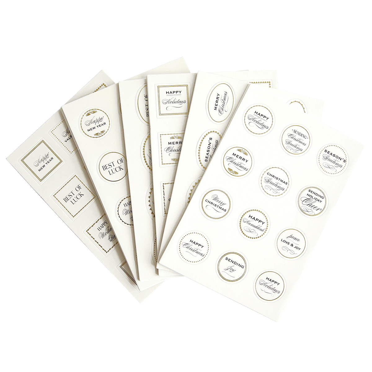 a set of five white labels on a green background.