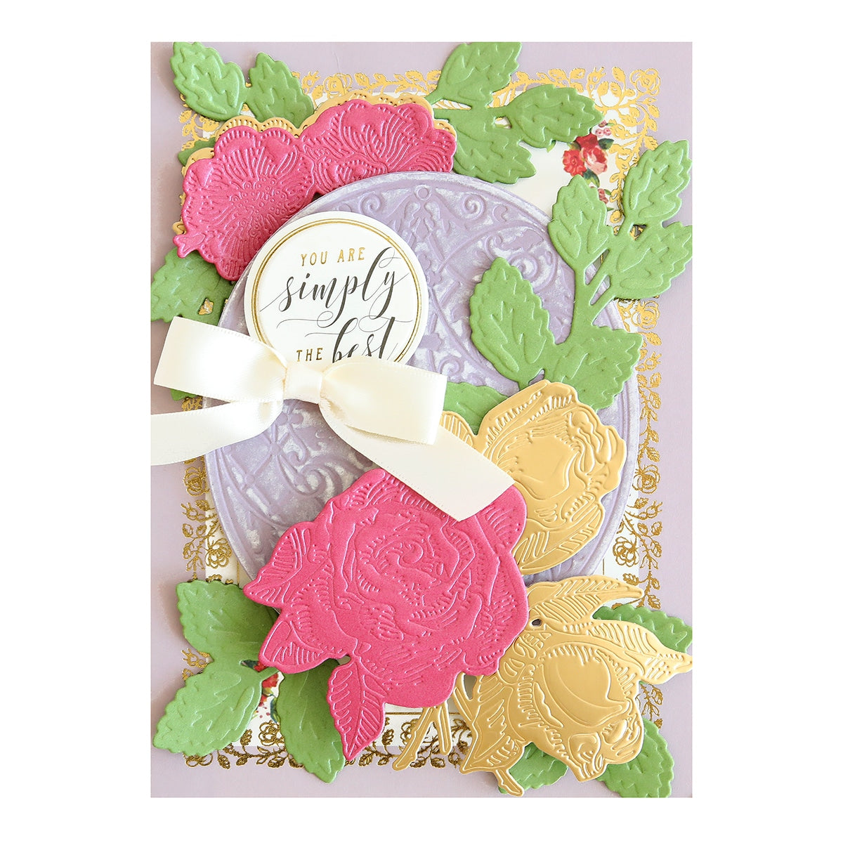 a close up of a card with flowers.
