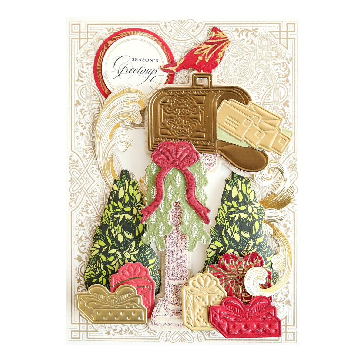 a card with a Holiday Mailbox Die and trees.