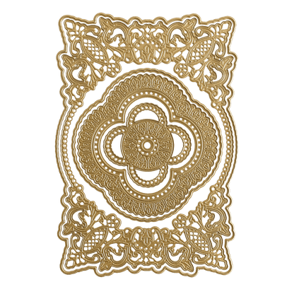 a gold design on a green background.