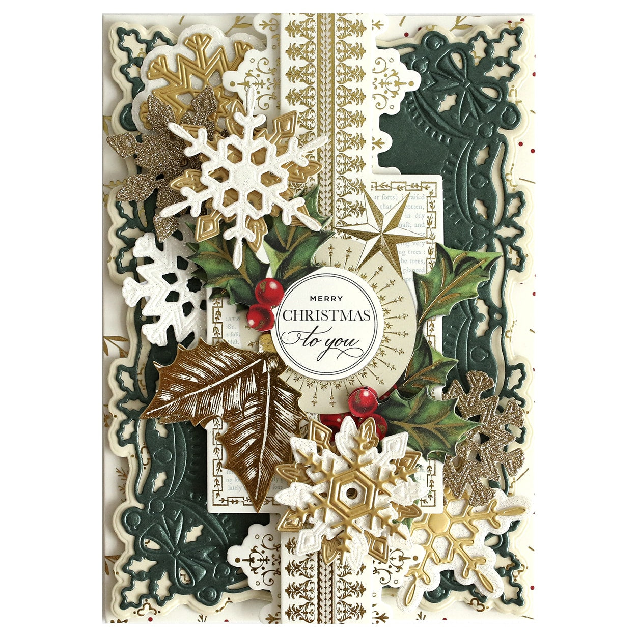 a christmas card with snowflakes and holly.