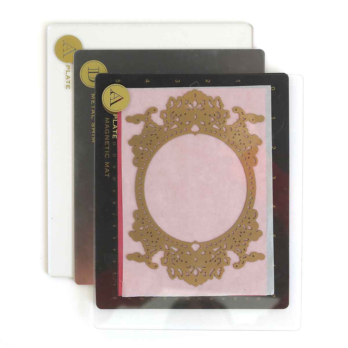 a card with a picture of a gold frame on it.