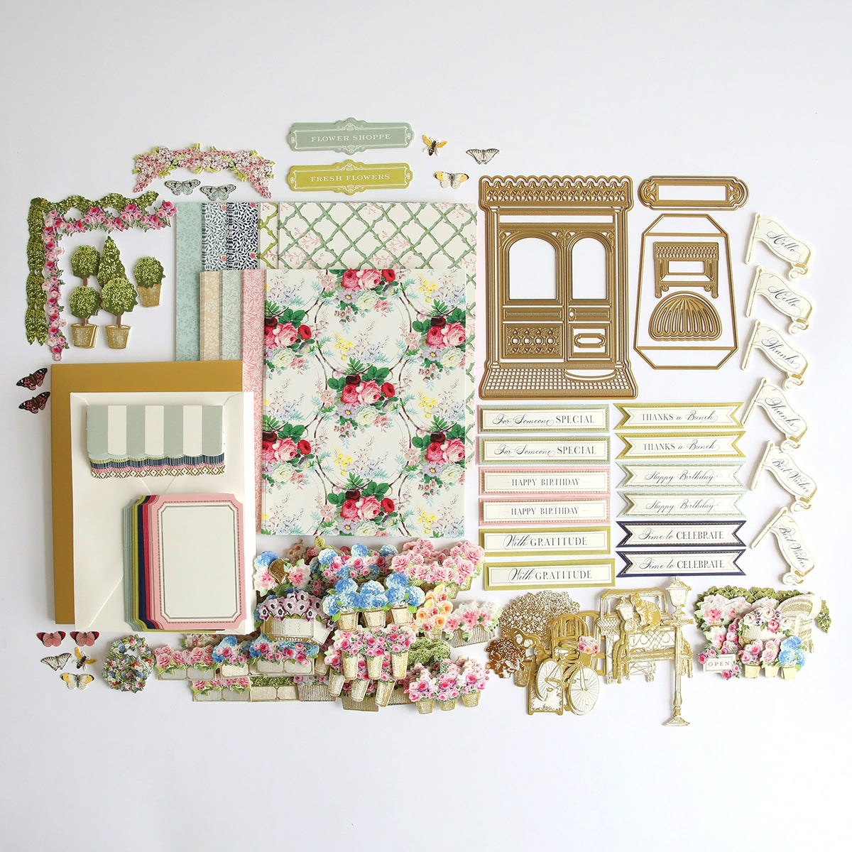 a white wall covered in Flower Shop Easel Finishing School Kit stickers.