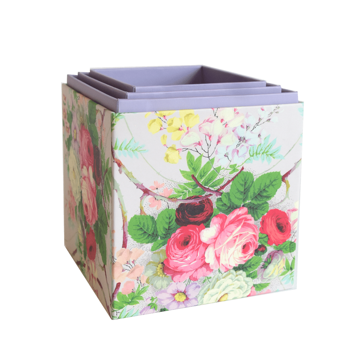 a flowered box is shown on a green background.