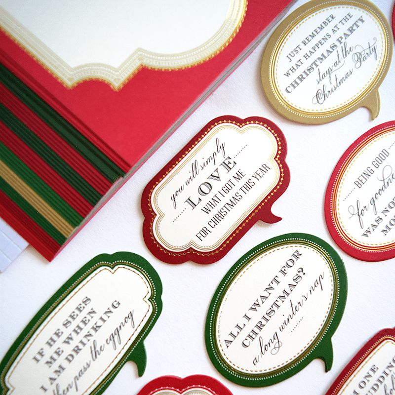 a close up of a number of labels on a table.