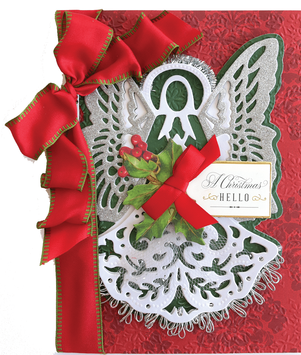 a red and white card with a red ribbon.