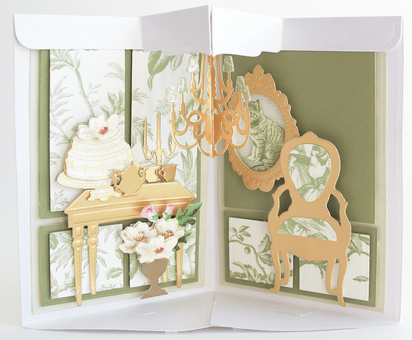 a close up of a card with a table and a mirror.