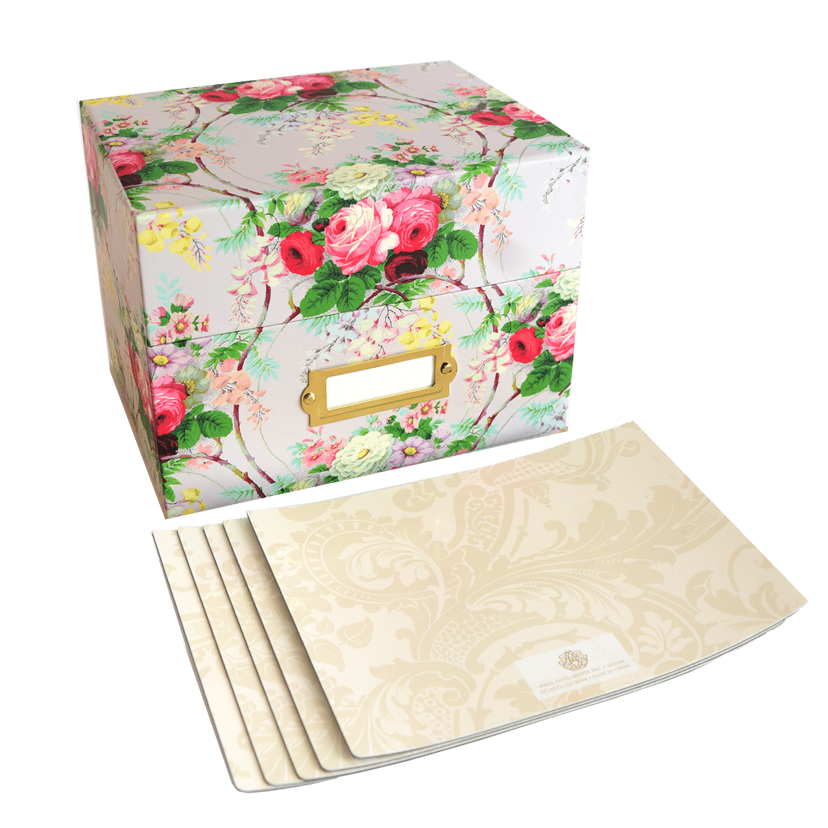 a box with a flower pattern on it.