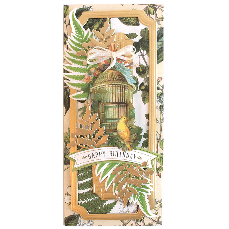a happy birthday card with a bird in a cage.
