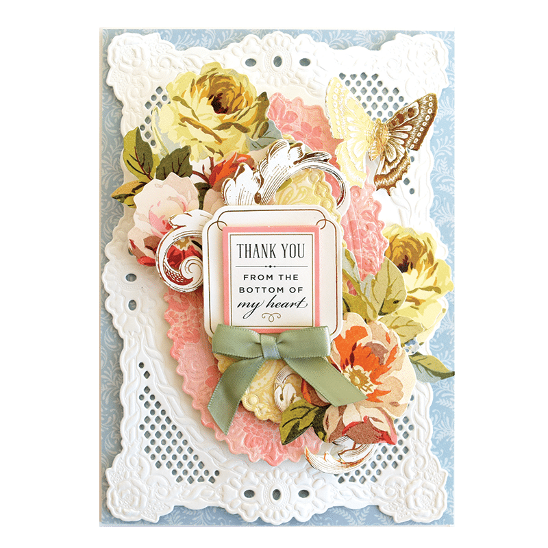 a thank card with flowers on it.