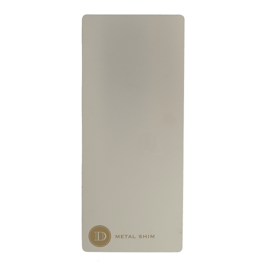 a white card with a gold logo on it.