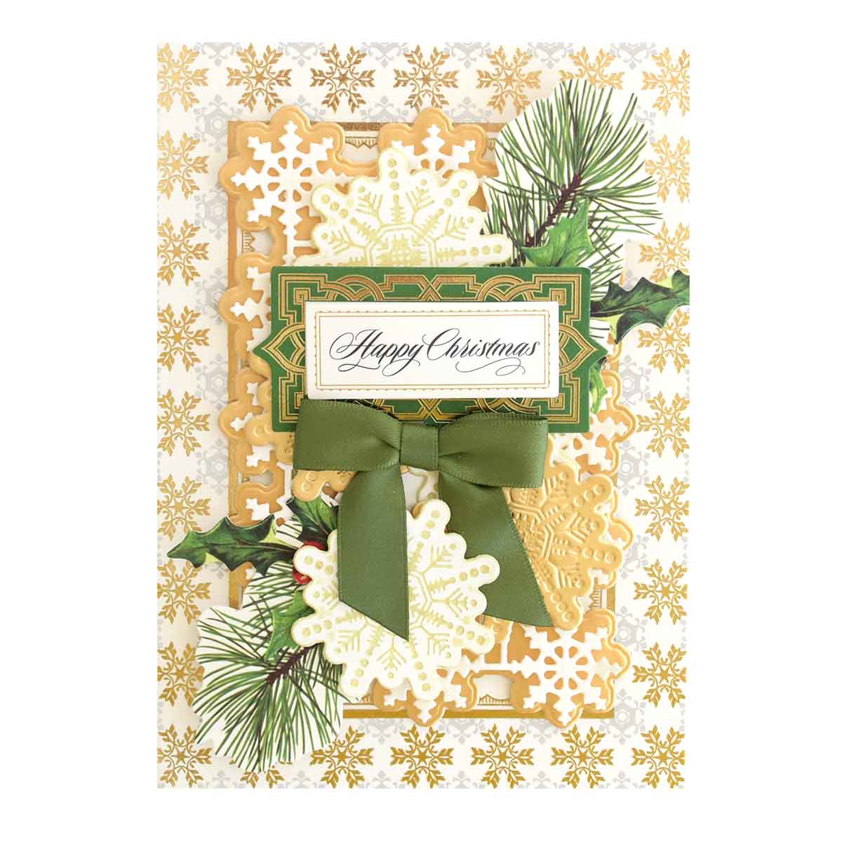 a christmas card with a green bow.