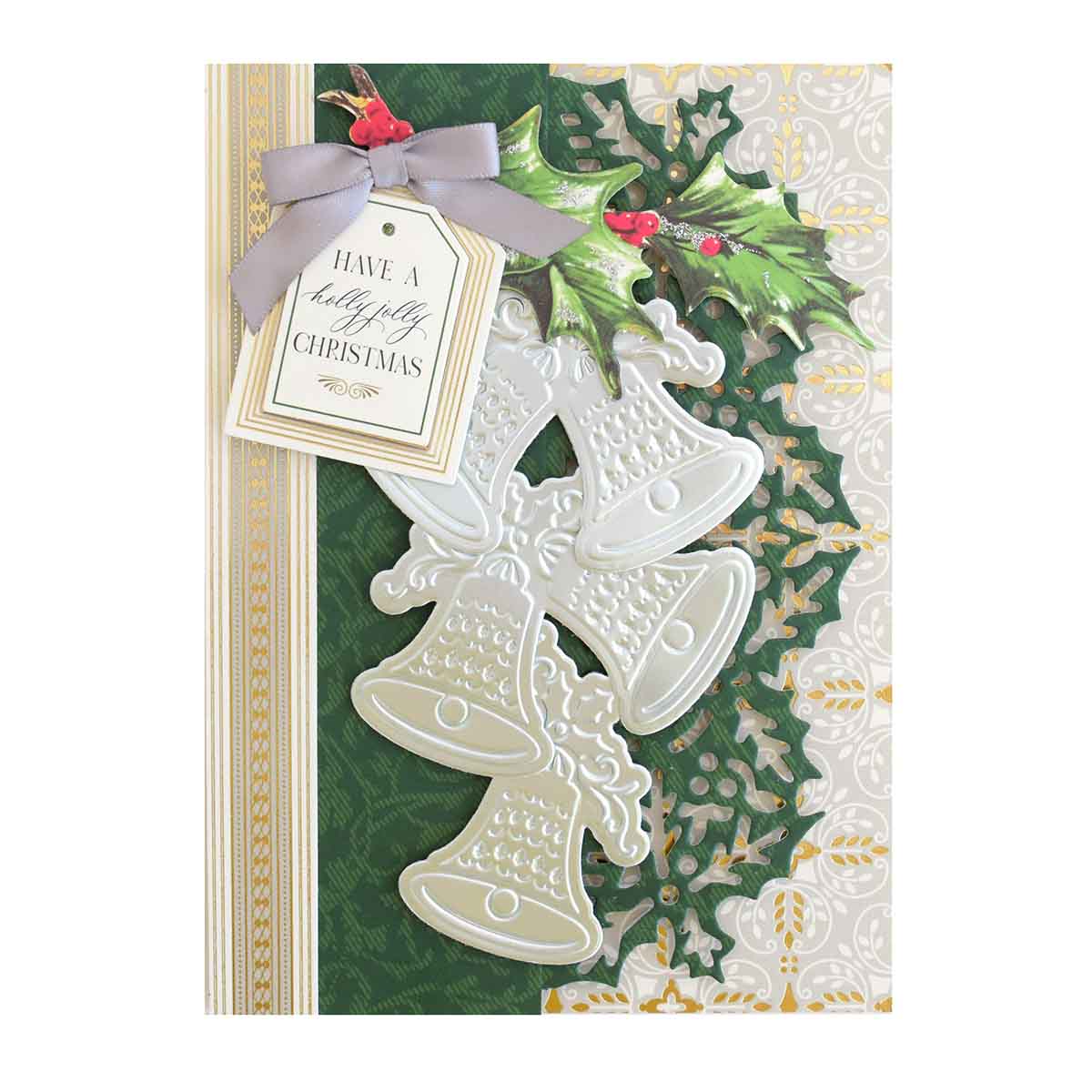 a christmas card with a bell and holly.