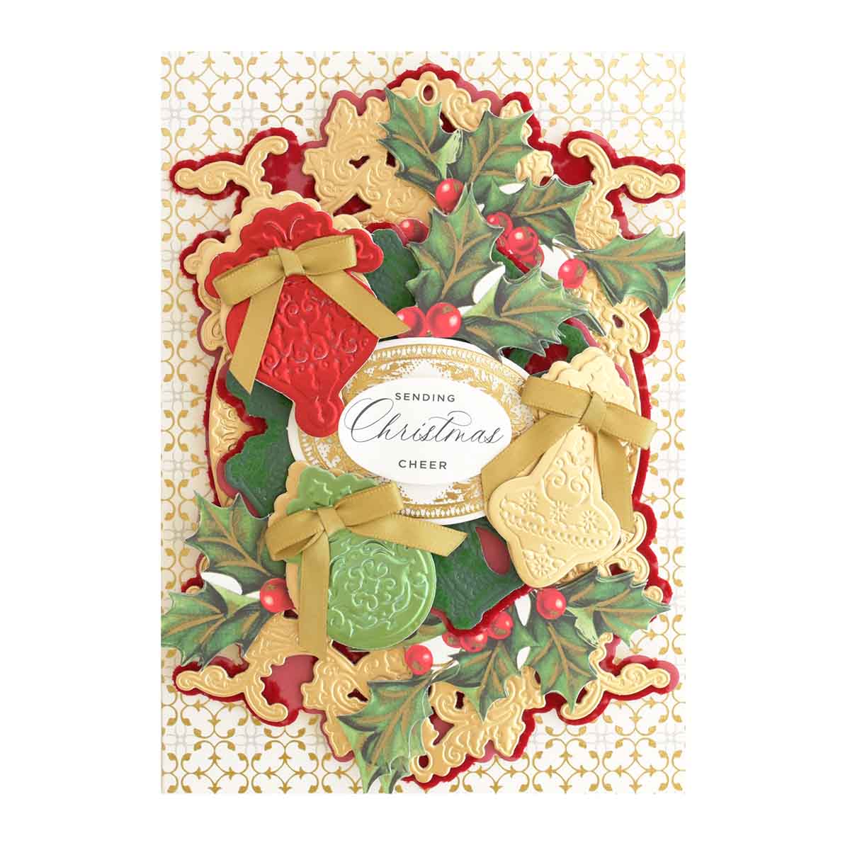 a christmas card with a holly wreath and bells.