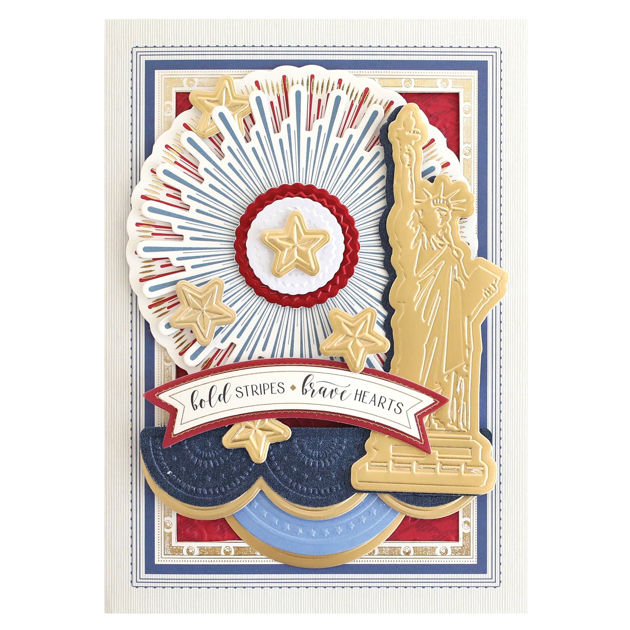 a card with a statue of liberty and a banner.