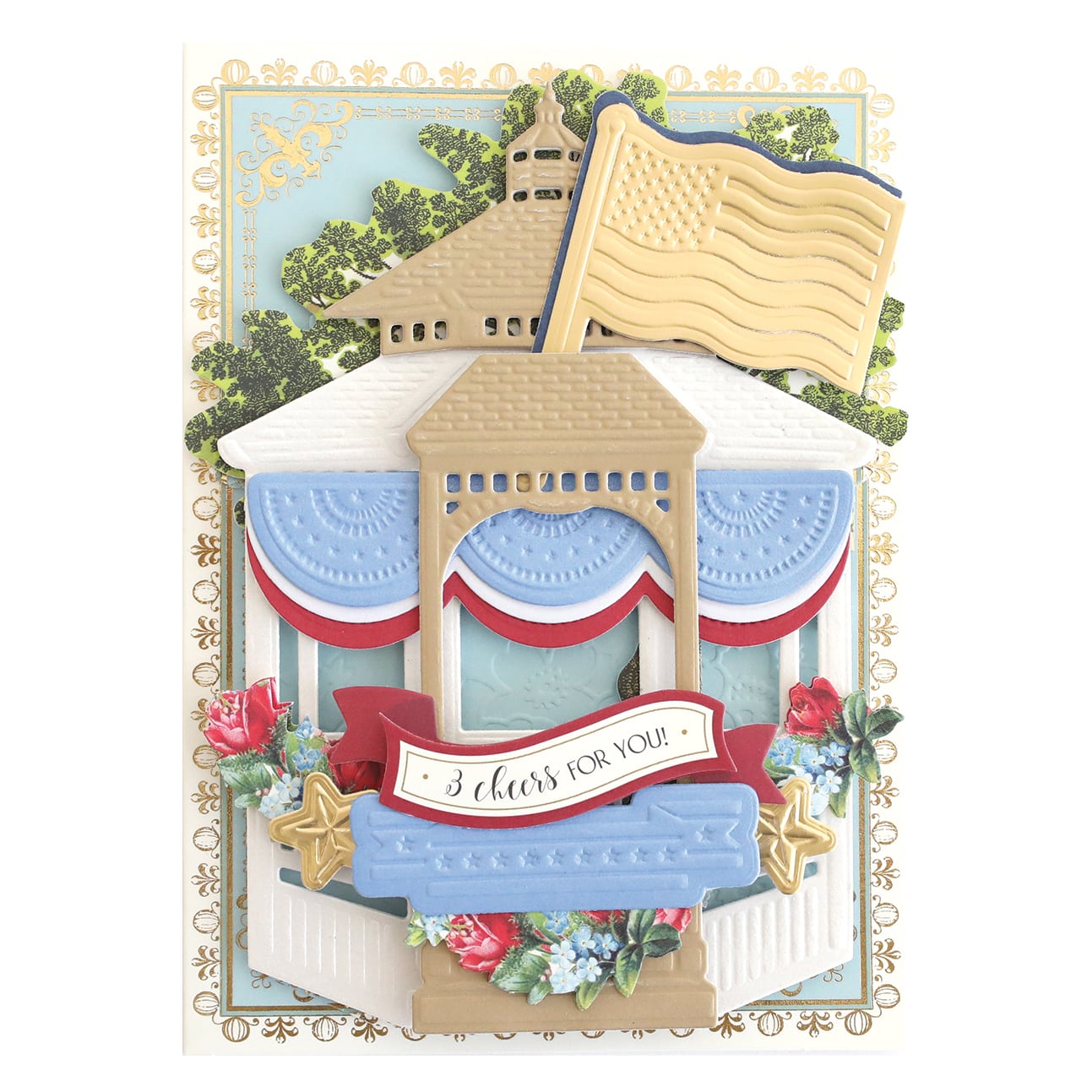 a close up of a card with a building.