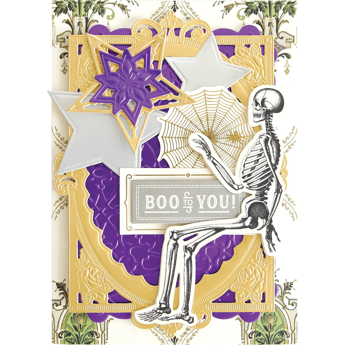 a card with a skeleton holding a star.