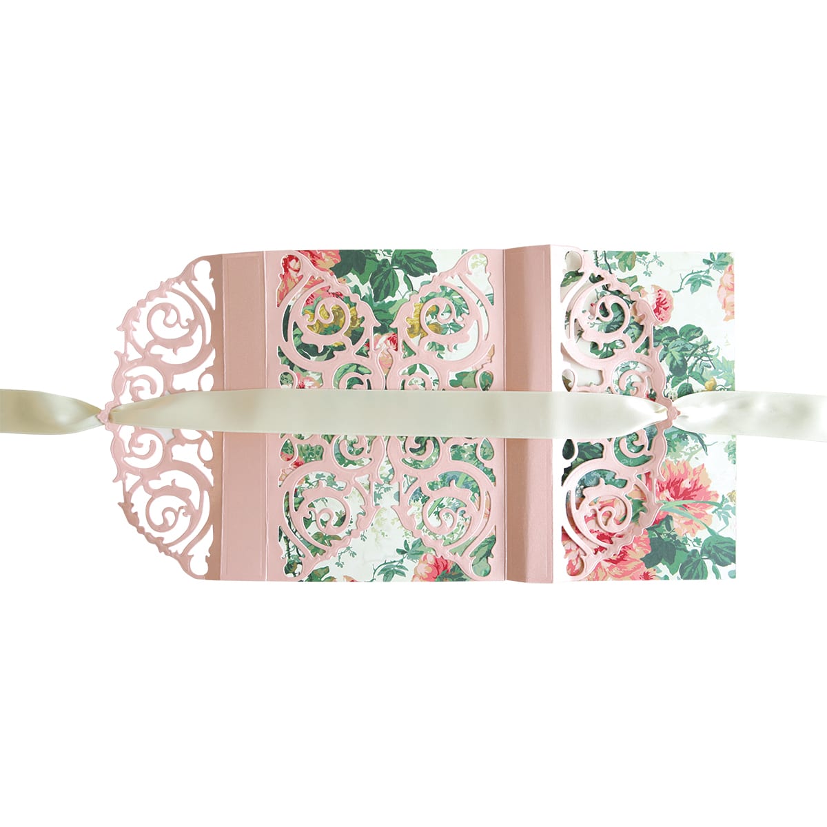 a pink card with a floral design and ribbon.