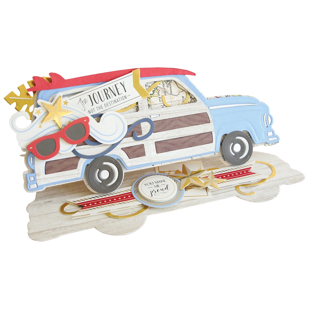 a card with a truck with sunglasses and a star.