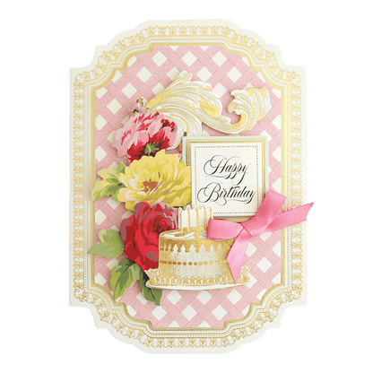 a birthday card with flowers and a cake.