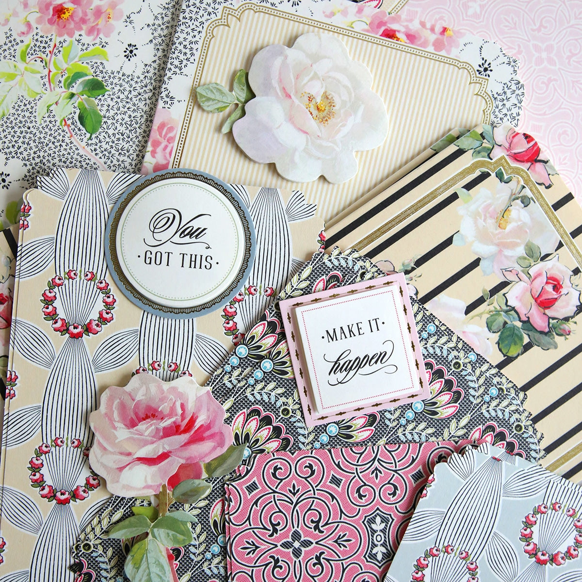 A close up of the Simply Encouragement Card Making Kit's many different types of paper.