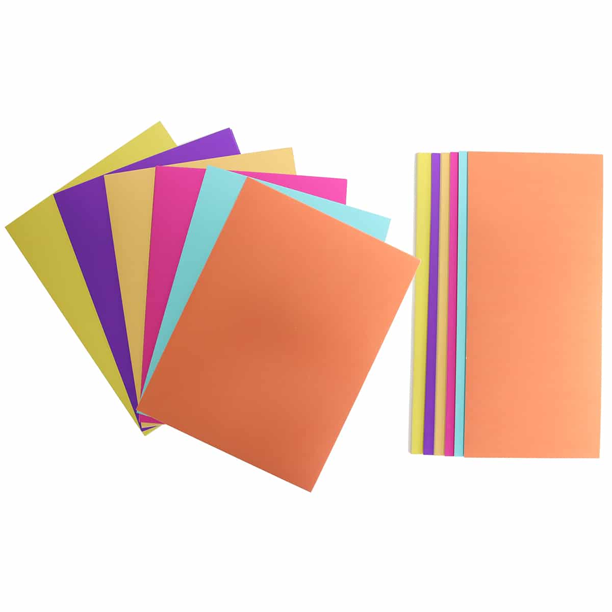 A pile of Bright Matte Foil Cardstock papers in different colors on a white background.
