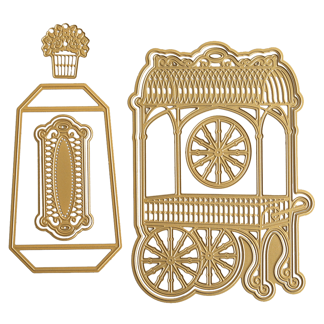 a bottle and a cart with a flower in it.
