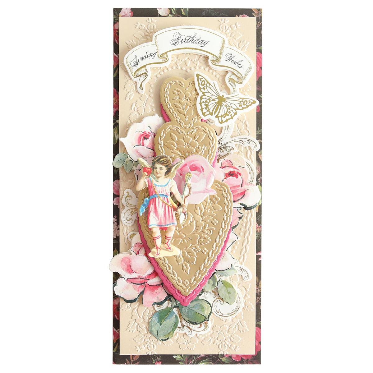 a card with a girl holding a heart.
