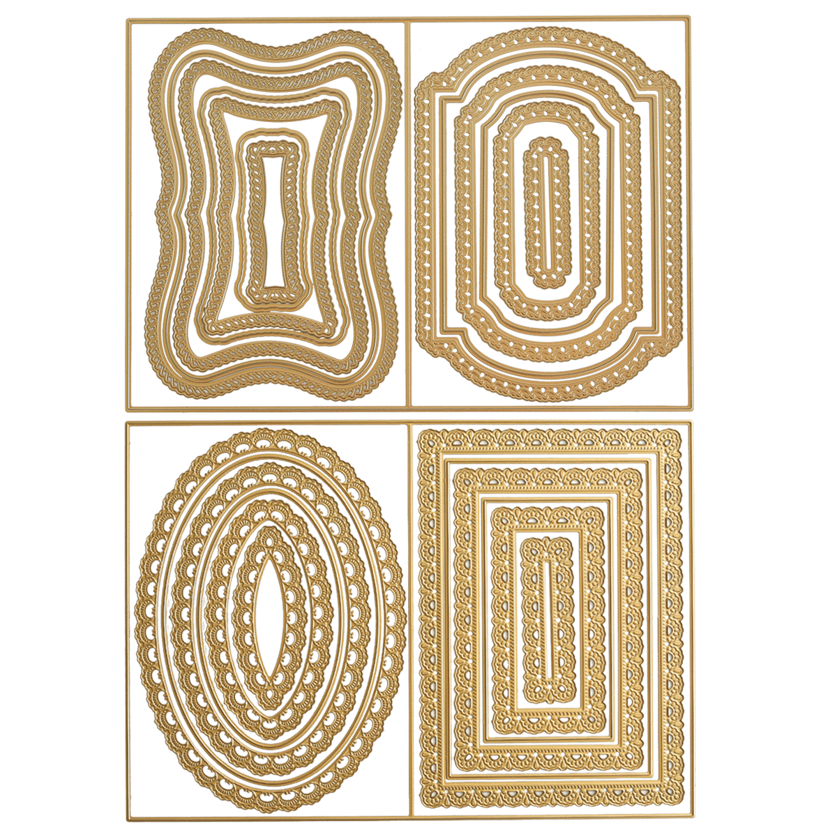 a set of four gold frames with different shapes.