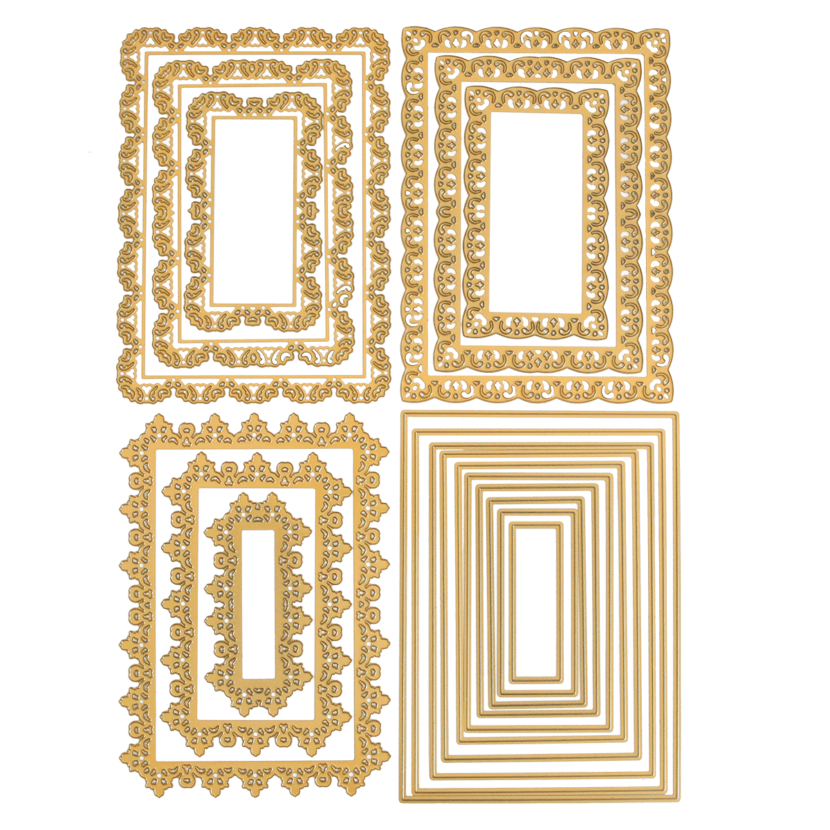 a set of four gold frames with a white background.