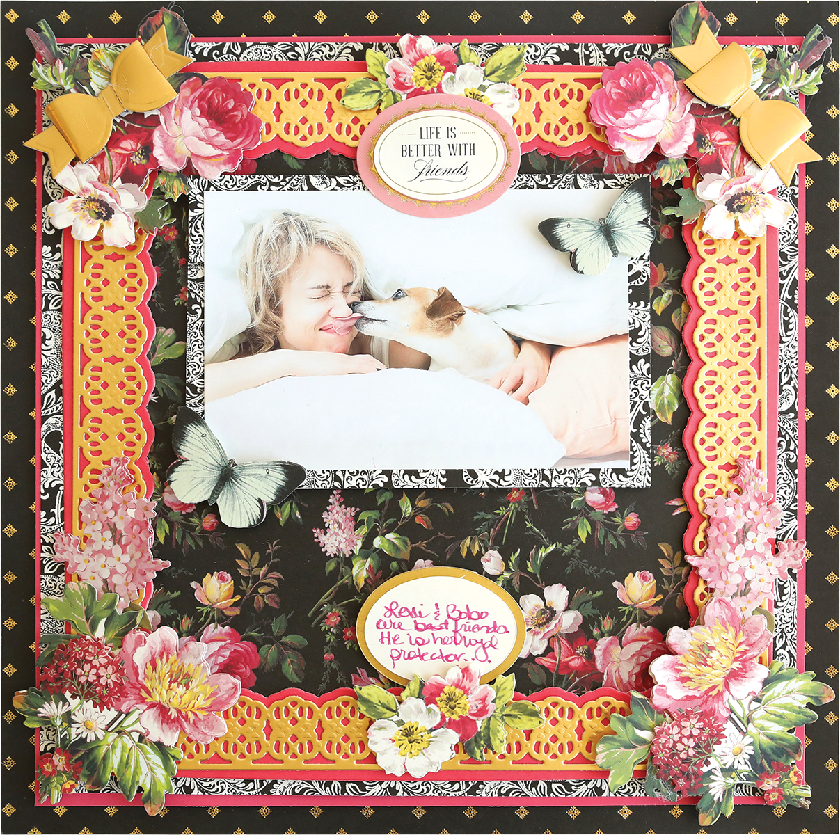 a picture frame with a picture of a woman and a dog.