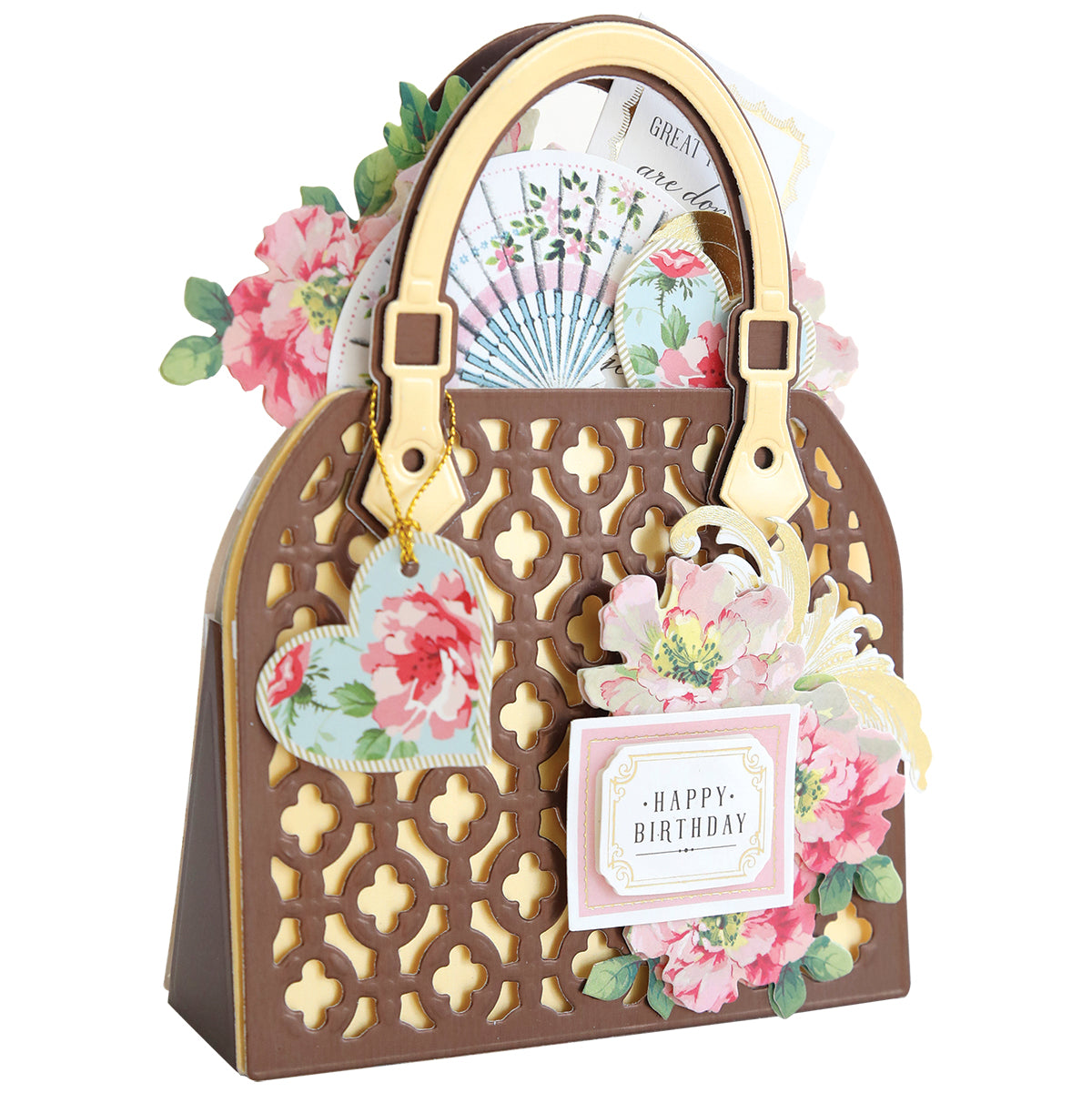 a purse with a card inside of it.