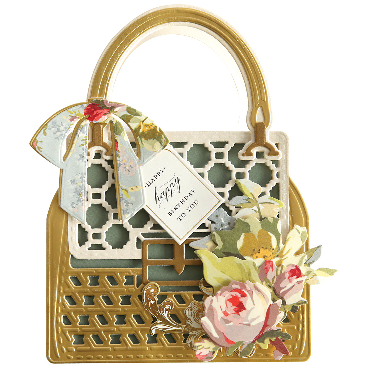 a purse with a happy birthday tag attached to it.